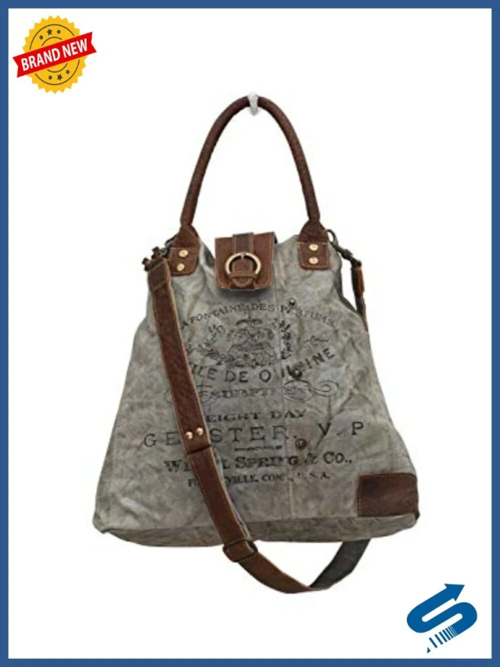 Upcycled Canvas Shoulder Bag with Leather Accents - 16